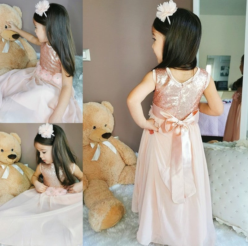 Chiffon A-Line/Princess Scoop Sequin Floor-Length Sleeveless Flower Girl Dresses