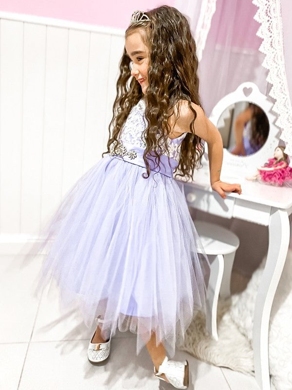 Tulle A-Line/Princess Lace Knee-Length Scoop Sleeveless Flower Girl Dresses