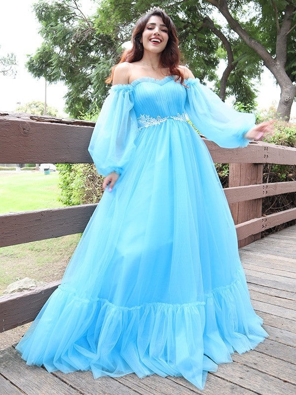 A-Line/Princess Long Off-the-Shoulder Tulle Applique Sleeves Floor-Length Dresses