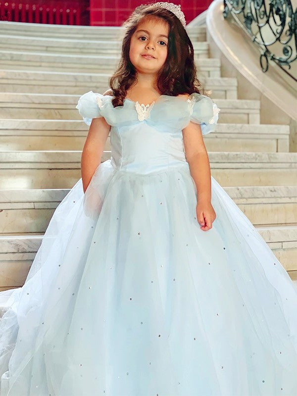 Tulle Rhinestone Ball Gown Off-the-Shoulder Floor-Length Sleeveless Flower Girl Dresses