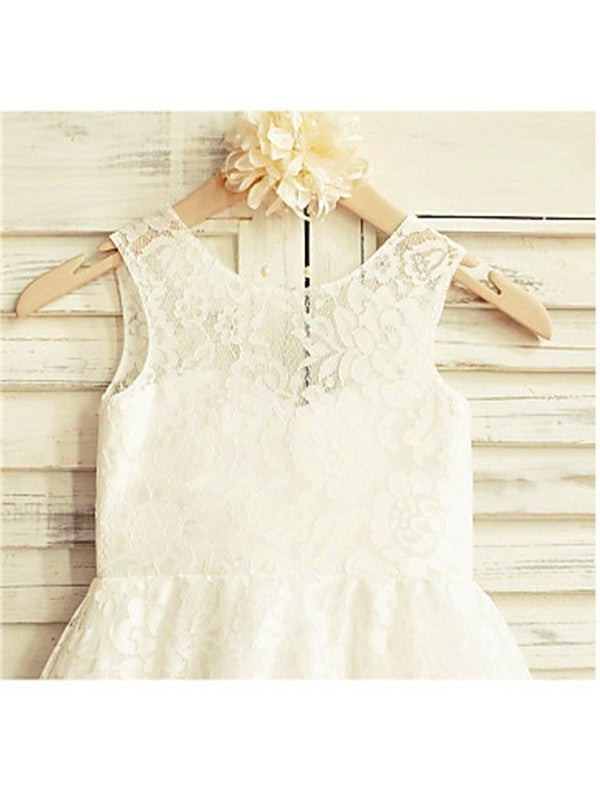 Lace Sleeveless Scoop Tea-Length Bowknot A-line/Princess Flower Girl Dresses