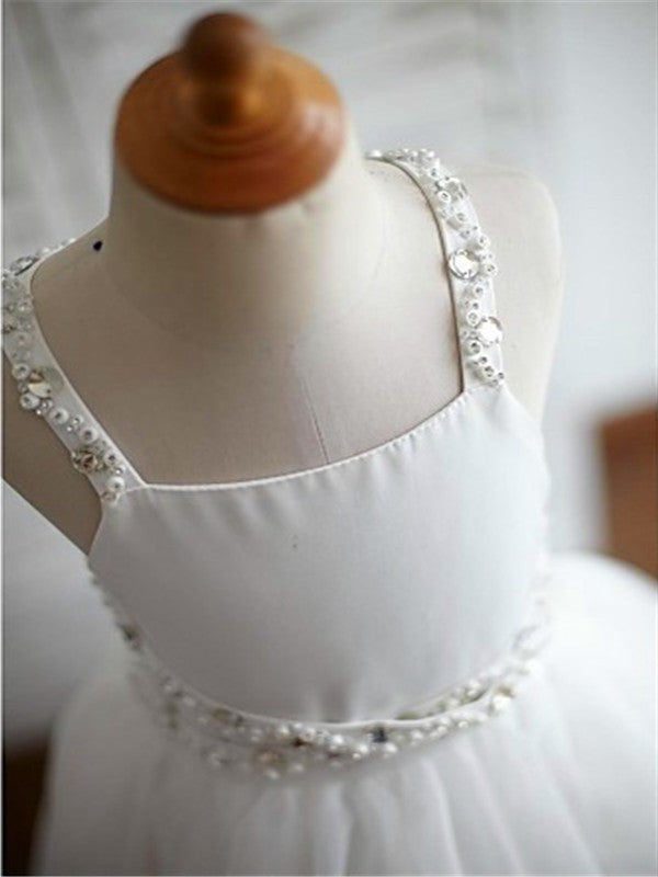 Train Sweep/Brush Tulle Straps Beading A-line/Princess Spaghetti Sleeveless Flower Girl Dresses