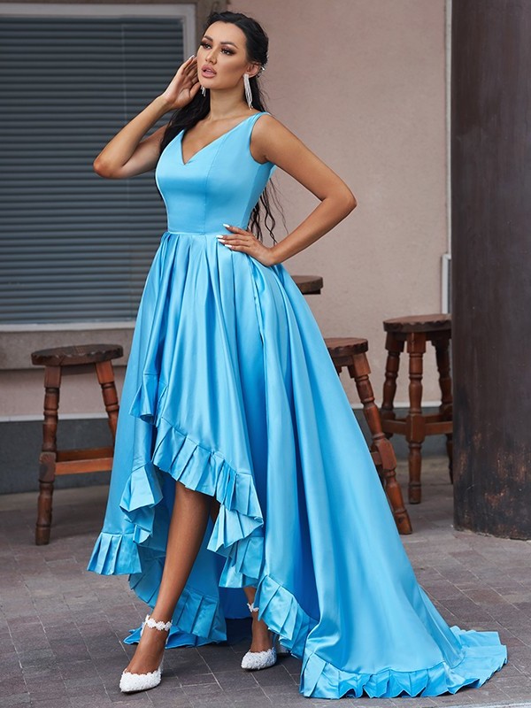 A-Line/Princess V-neck Satin Ruffles Sleeveless Asymmetrical Dresses