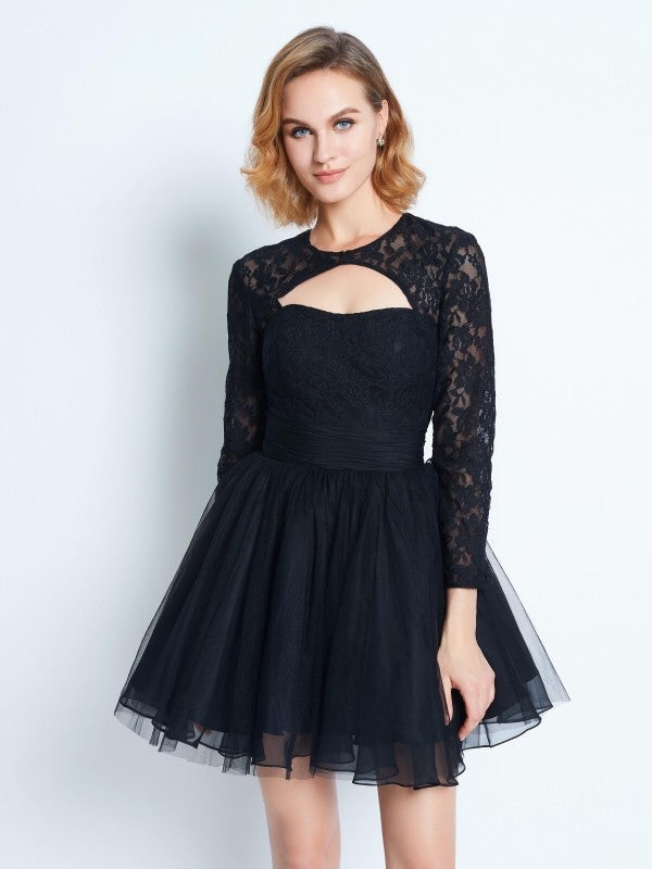 Homecoming Dresses A-Line/Princess High Neck Long Sleeves Lace Short/Mini Net Siena Dresses