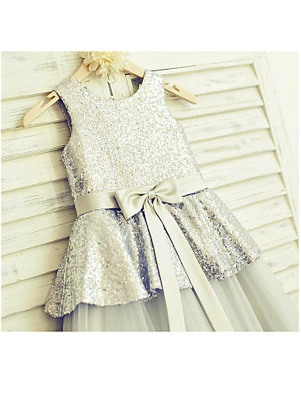 Scoop Sleeveless Tea-Length A-line/Princess Sequin Tulle Flower Girl Dresses