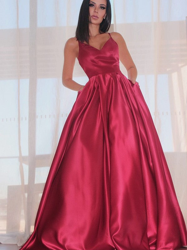 V-neck Sleeveless Ruffles A-Line/Princess Satin Floor-Length Dresses