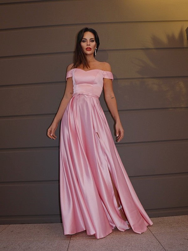 A-Line/Princess Sleeveless Ruffles Charmeuse Off-the-Shoulder Sweep/Brush Train Dresses