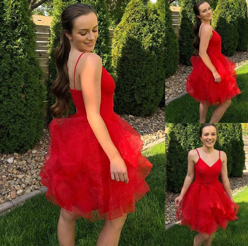 Tulle A-Line/Princess Sleeveless Spaghetti Straps Ruffles Short/Mini Homecoming Dresses