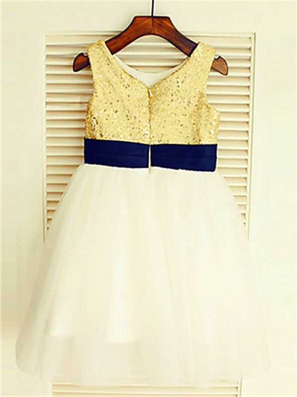 A-line/Princess Scoop Sleeveless Tulle Sequin Knee-Length Flower Girl Dresses