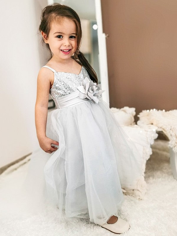 Straps Sleeveless Spaghetti Sequin Tulle A-Line/Princess Tea-Length Flower Girl Dresses