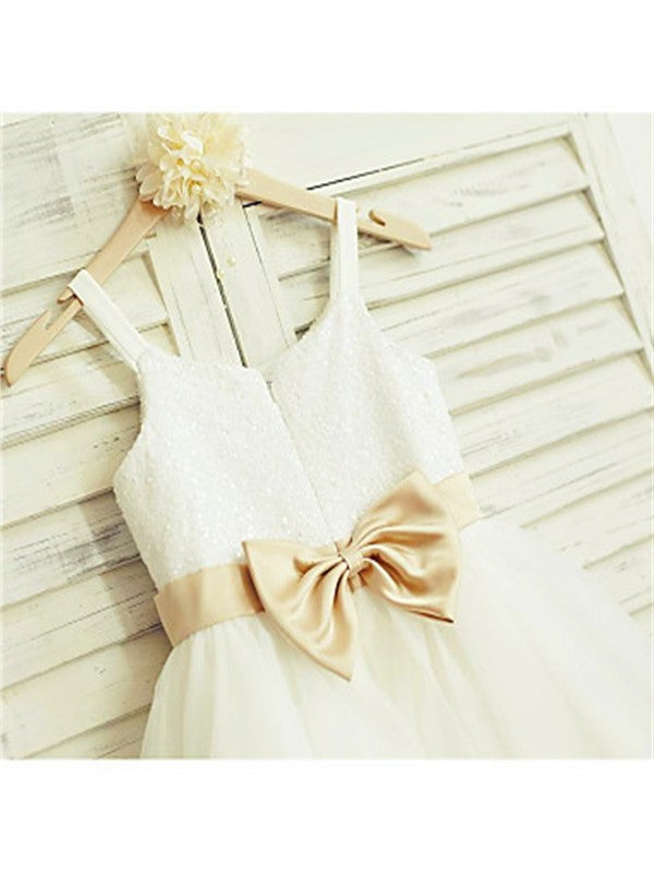 A-line/Princess Sleeveless Bowknot Tulle Knee-Length Spaghetti Straps Flower Girl Dresses