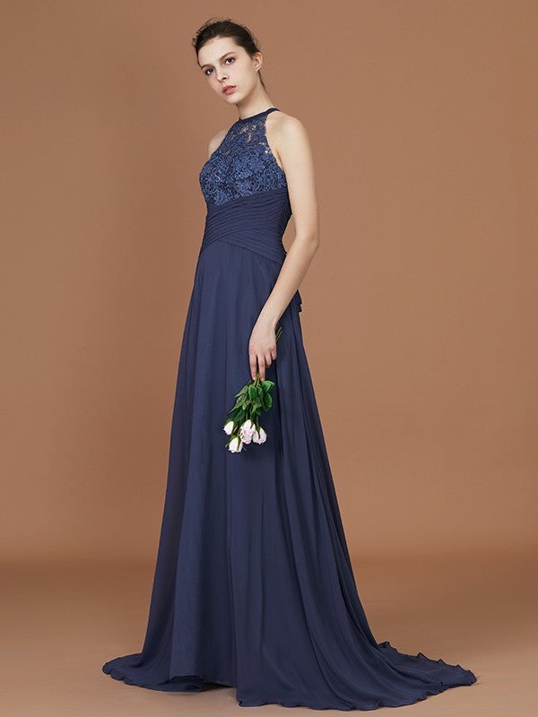 Train Sleeveless Chiffon Scoop Sweep A-Line/Princess Lace Bridesmaid Dress