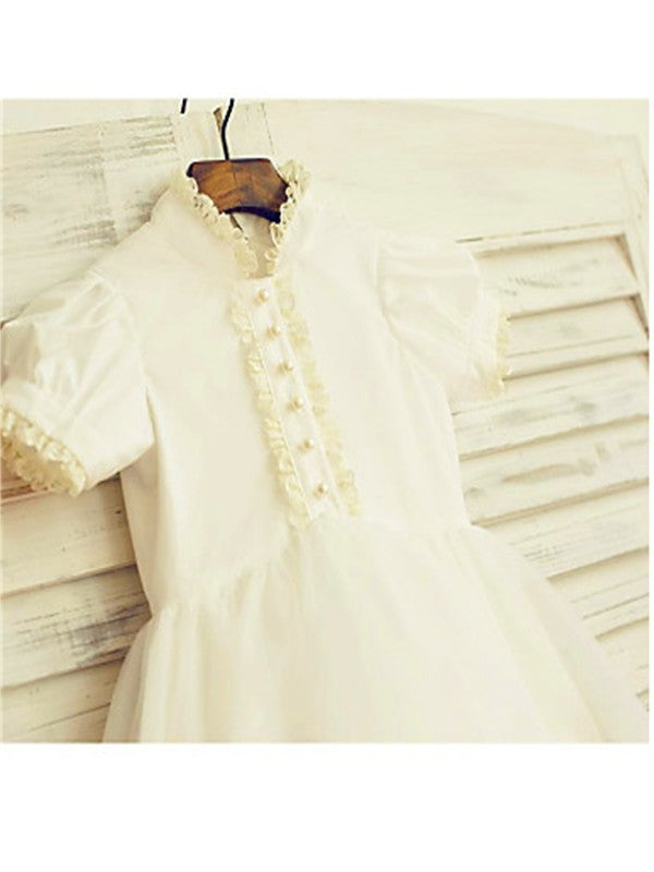 Tulle Tea-Length Sleeves Short Lace A-line/Princess High Neck Flower Girl Dresses