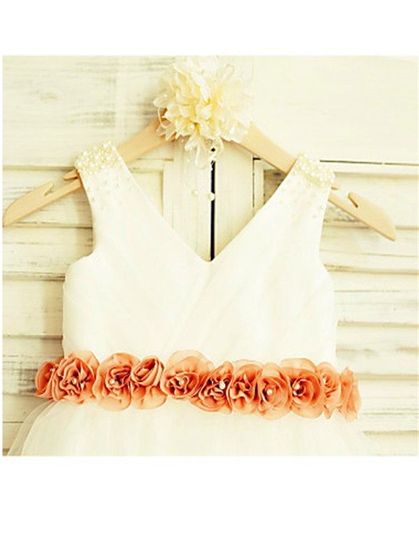 Hand-made Tea-Length A-line/Princess V-neck Flower Tulle Sleeveless Flower Girl Dresses