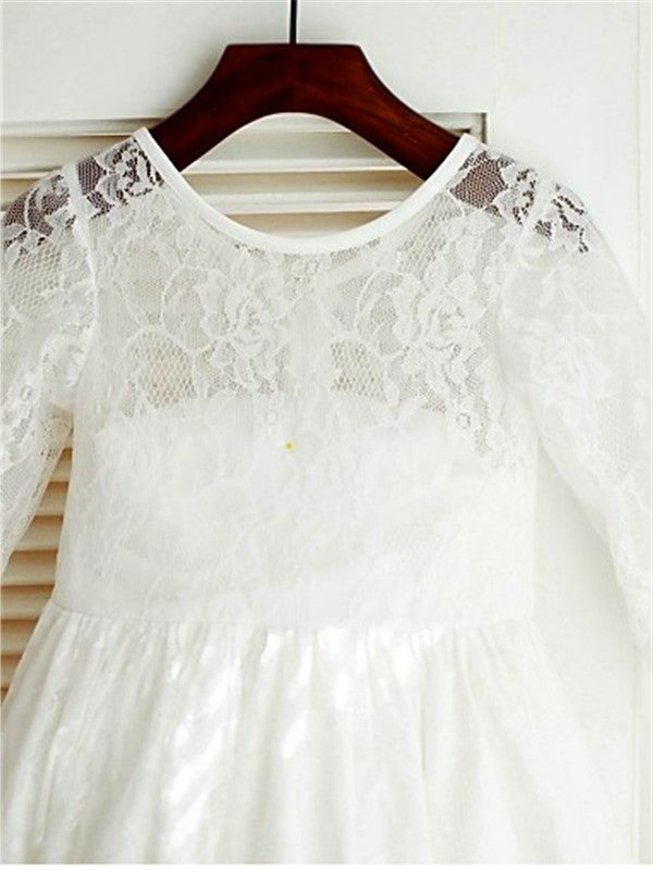 Lace Ankle-Length A-line/Princess Sleeves Long Bowknot Scoop Flower Girl Dresses