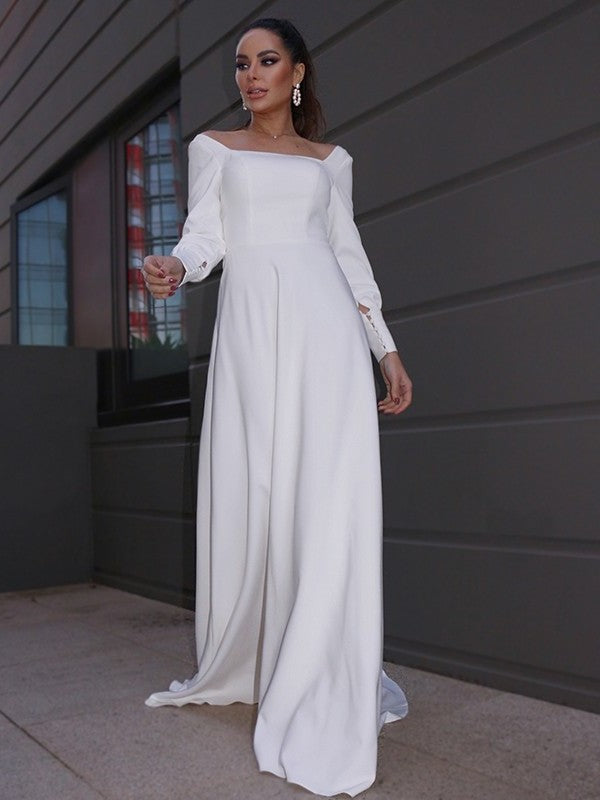 A-Line/Princess Crepe Sleeves Long Ruffles Square Stretch Sweep/Brush Train Wedding Dresses