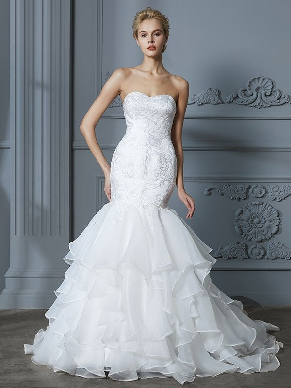 Sleeveless Sweetheart Trumpet/Mermaid Train Sweep/Brush Ruffles Organza Wedding Dresses