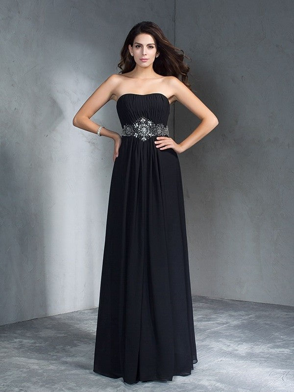 Strapless A-Line/Princess Beading Sleeveless Long Chiffon Dresses