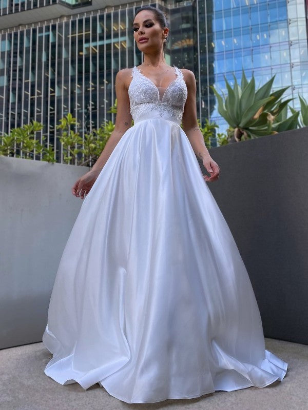 Applique Sleeveless Sweep/Brush A-Line/Princess V-neck Satin Train Wedding Dresses