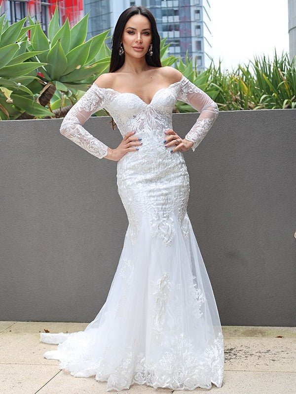 Sweep/Brush Applique Sleeves Off-the-Shoulder Long Trumpet/Mermaid Tulle Train Wedding Dresses