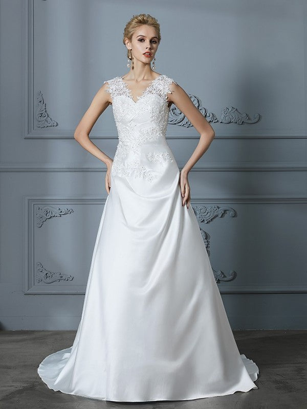 Sweep/Brush V-neck Applique Train Sleeveless A-Line/Princess Satin Wedding Dresses