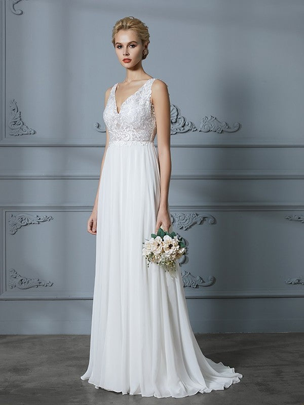 Train A-Line/Princess Sleeveless V-neck Sweep/Brush Chiffon Wedding Dresses