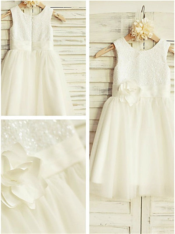 A-line/Princess Scoop Sleeveless Tulle Sequin Knee-Length Flower Girl Dresses