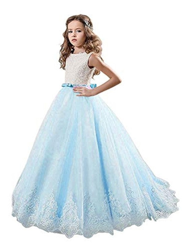 Tulle Gown Jewel Sweep/Brush Sleeveless Train Lace Ball Flower Girl Dresses