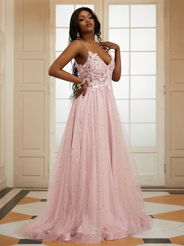 Tulle V-neck Sleeveless Applique A-Line/Princess Sweep/Brush Train Dresses