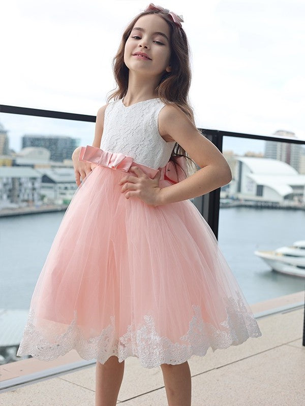 Sleeveless Short/Mini Bowknot A-Line/Princess Lace Scoop Flower Girl Dresses