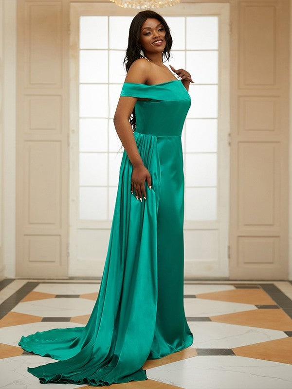 like Silk Sleeveless Satin Off-the-Shoulder Ruffles Sheath/Column Sweep/Brush Train Dresses