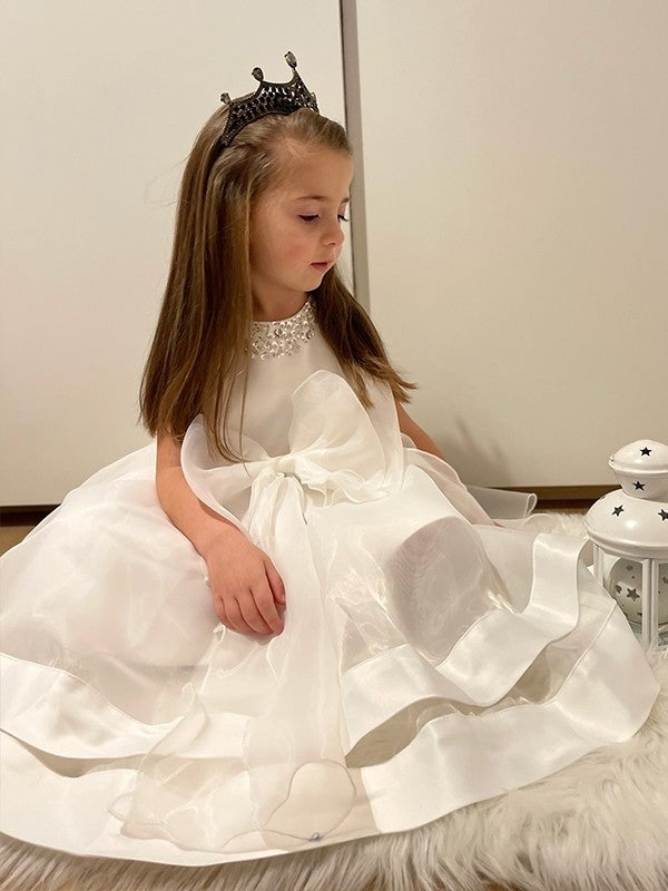 Satin Jewel Sleeveless Tea-Length A-Line/Princess Bowknot Flower Girl Dresses