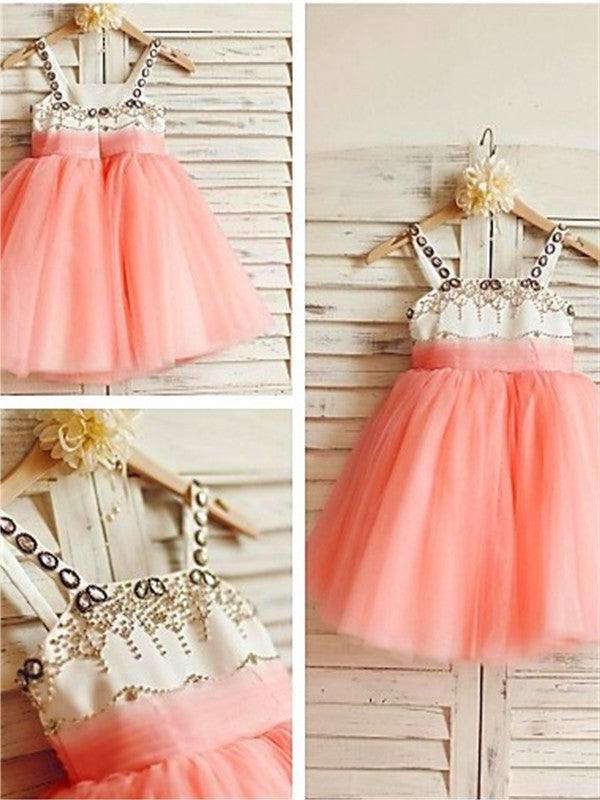 Spaghetti Straps Beading Tea-Length Sleeveless Tulle A-line/Princess Flower Girl Dresses