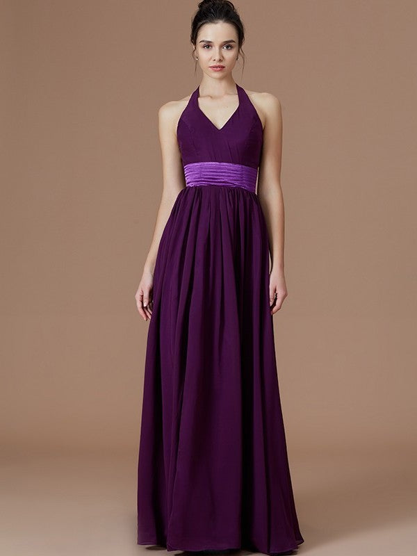 Floor-Length Sleeveless Halter A-Line/Princess Sash/Ribbon/Belt Chiffon Bridesmaid Dresses