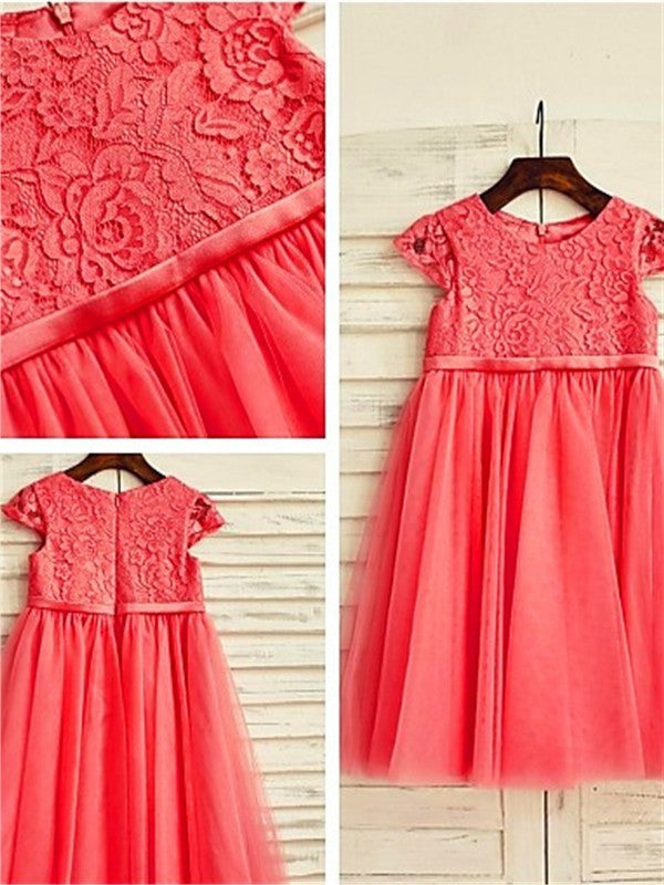 Tulle A-line/Princess Sleeves Tea-Length Scoop Lace Short Flower Girl Dresses