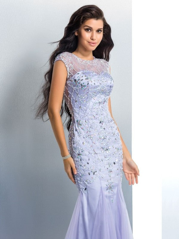 Beading Sleeveless Sheer Trumpet/Mermaid Neck Long Satin Dresses