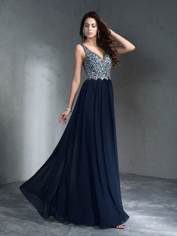 A-Line/Princess V-neck Sleeveless Beading Long Chiffon Dresses