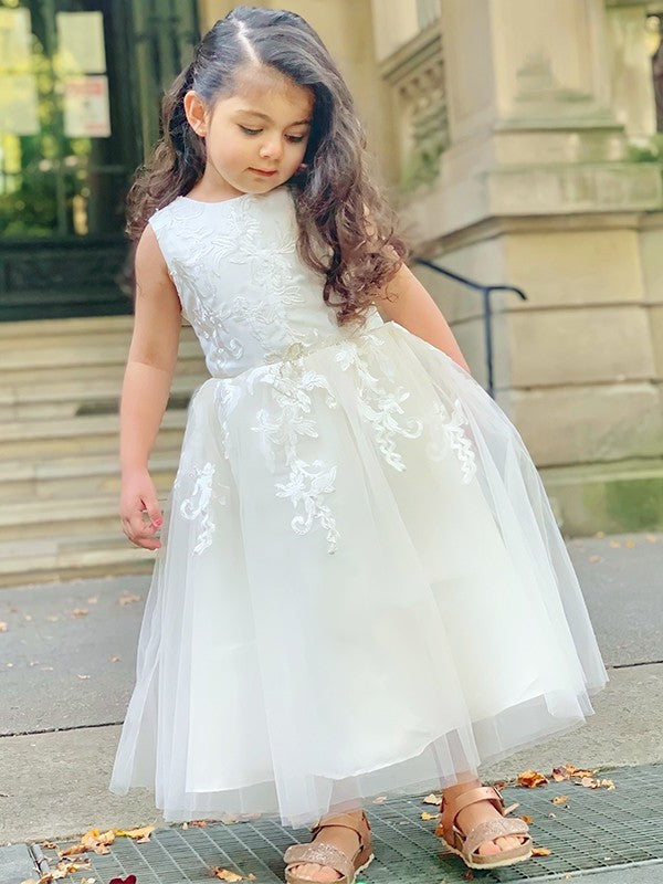 Ankle-Length Scoop Tulle A-Line/Princess Sleeveless Lace Flower Girl Dresses