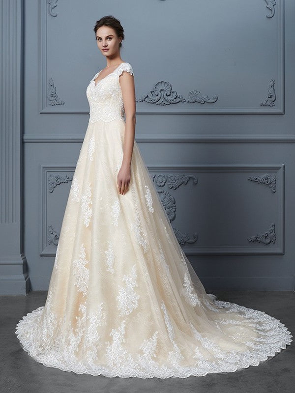 Sweetheart Gown Ball Court Sleeveless Train Beading Lace Wedding Dresses