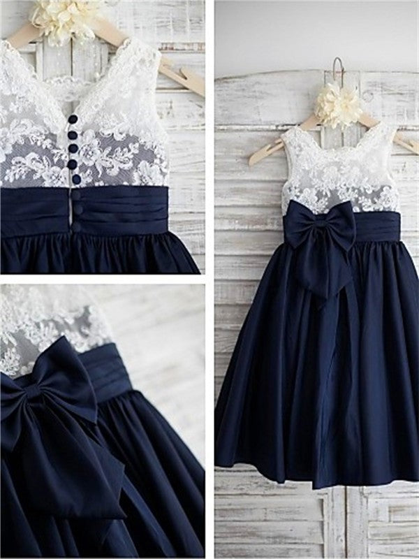 Straps Bowknot Taffeta Sleeveless A-line/Princess Tea-Length Flower Girl Dresses