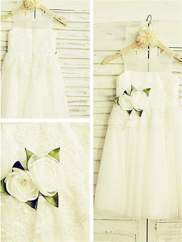 Hand-made A-line/Princess Straps Sleeveless Flower Tea-Length Tulle Flower Girl Dresses