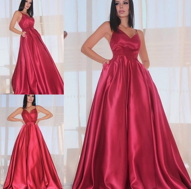 V-neck Sleeveless Ruffles A-Line/Princess Satin Floor-Length Dresses