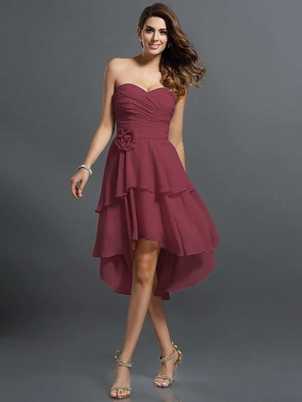 Flower Hand-Made Low Sweetheart High Sleeveless A-Line/Princess Chiffon Bridesmaid Dresses