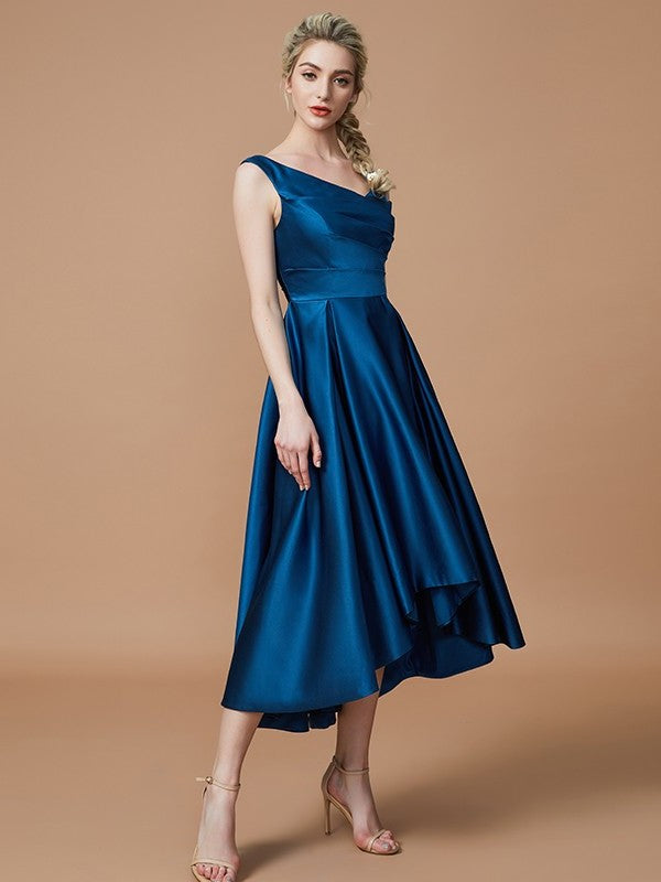 V-neck Asymmetrical A-Line/Princess Satin Sleeveless Bridesmaid Dresses