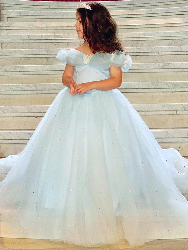 Tulle Rhinestone Ball Gown Off-the-Shoulder Floor-Length Sleeveless Flower Girl Dresses