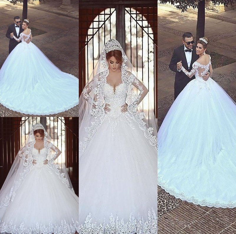 Tulle Sleeves Long Off-the-Shoulder Gown Court Ball Train Wedding Dresses