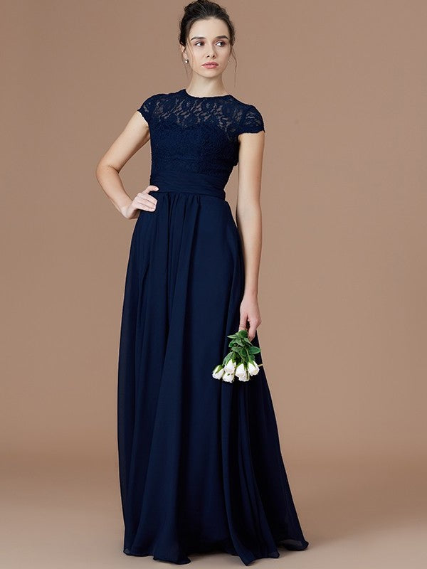 Lace Sleeves Jewel A-Line/Princess Short Floor-Length Chiffon Bridesmaid Dresses