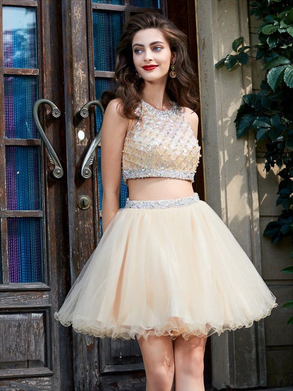 A-Line/Princess Scoop Net Sleeveless Homecoming Dresses Beading Short/Mini Adalynn Two Piece