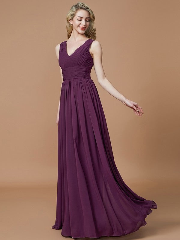 V-neck A-Line/Princess Floor-Length Sleeveless Chiffon Bridesmaid Dresses