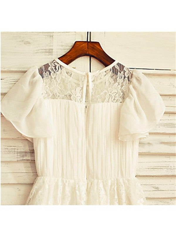 Scoop Chiffon Tea-Length Sleeves Short Lace A-line/Princess Flower Girl Dresses